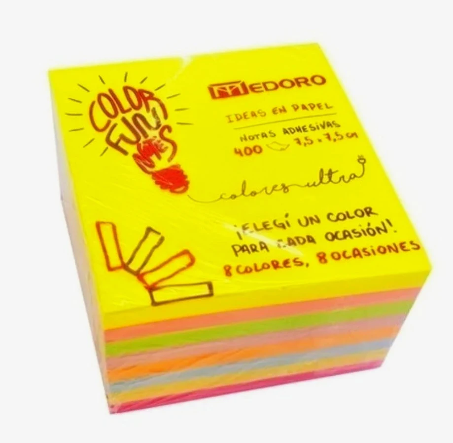 Notas adhesivas Medoro Fluo 75mm x 75mm cubo x 400 hojas